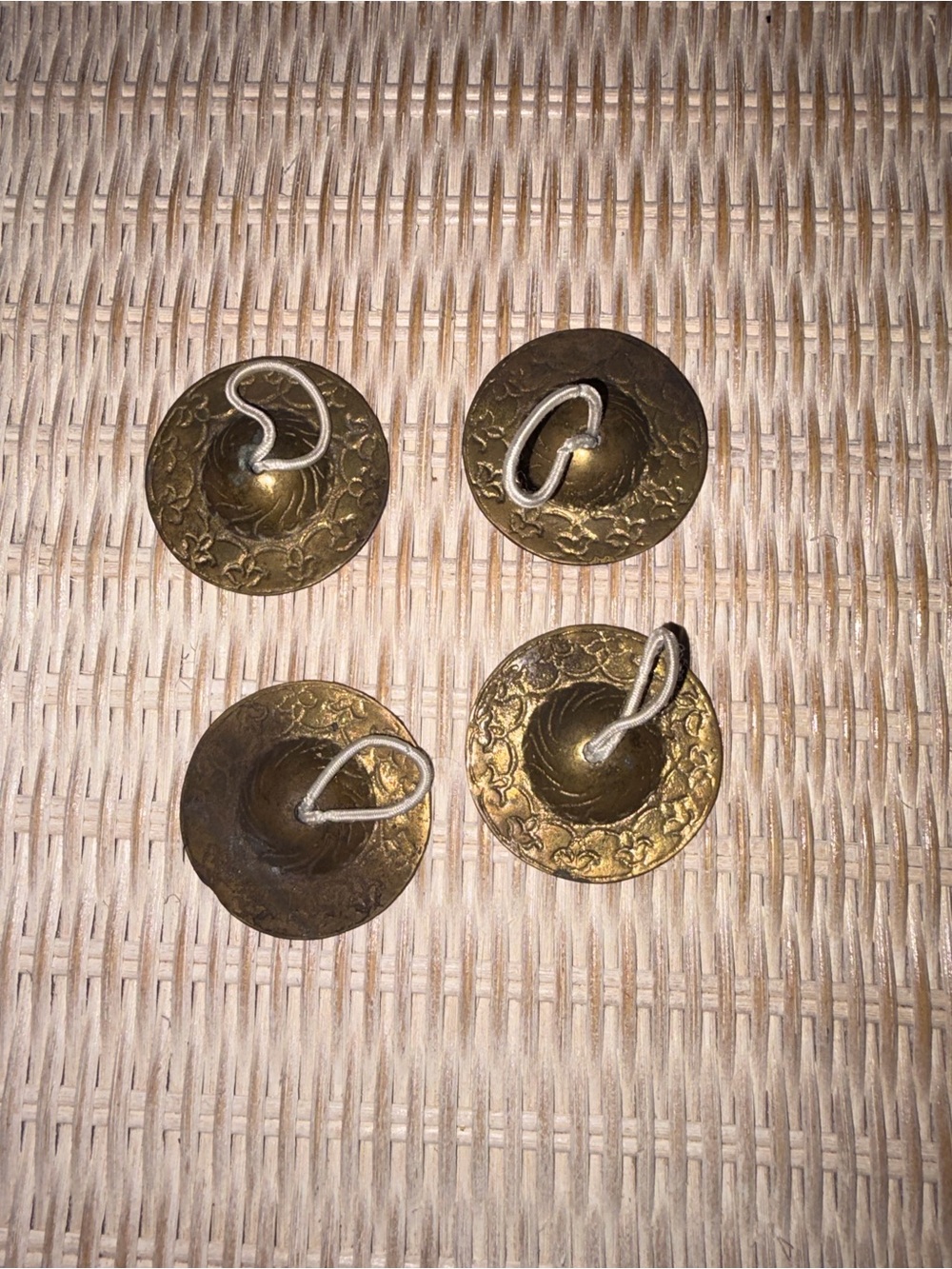 Decorative Gold Tone Finger Cymbals with Floral Embossing (Set of 4)